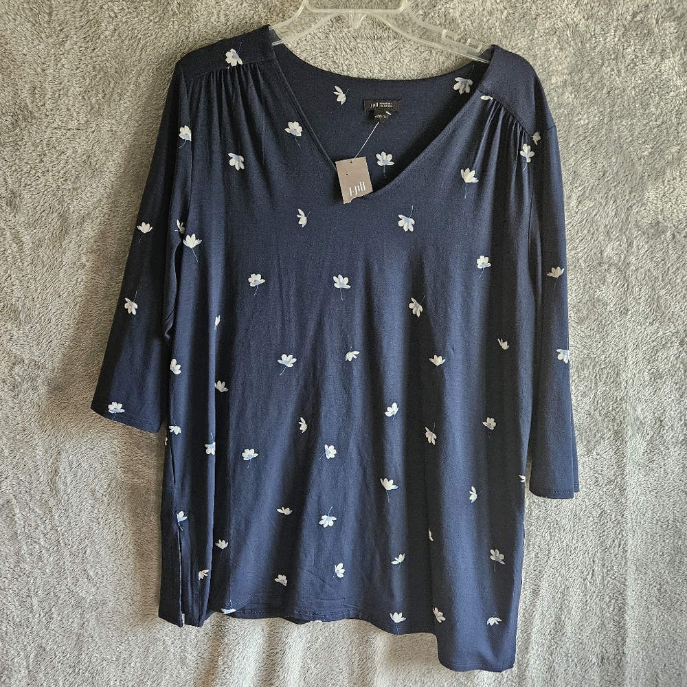J Jill Women's Lg Navy Blue Top with White Pattern Tunic New 3/4 Sleeve